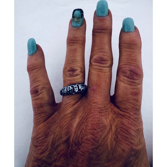 925 Sterling Silver Enamel Band Ring Blue Greek Key Design Size 7.75 - Picture 6 of 11